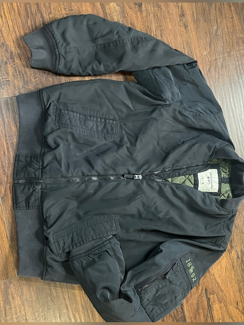abercrombie kids Black Bomber Jacket with Olive Lining Accent